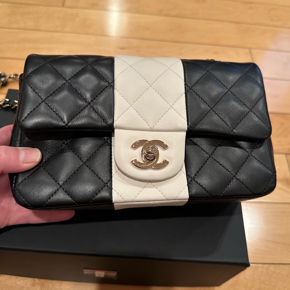 Chanel mini flap black and white striped lambskin bag